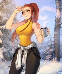 Rule 34 | 1girl, absurdres, bad id, bad tumblr id, bare shoulders, blue sky, brigitte (overwatch), brown hair, clothes around waist, commentary, cowboy shot, cup, day, highres, long hair, looking away, matilda fiship, mug, narrow waist, outdoors, overwatch, overwatch 1, pants, ponytail, shirt, shoulder tattoo, sky, smile, snow, solo, standing, steam, sweat, sweater, sweater around waist, tattoo, tied shirt, tree, winter, yellow eyes