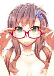 Rule 34 | 1girl, akino sora, breasts, brown hair, glasses, green eyes, hair ornament, hairpin, highres, long hair, nipples, nude, original, simple background, smile, solo, twintails, upper body