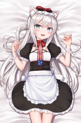 Rule 34 | 1girl, american flag legwear, animal ears, apron, azu (azusayumix), azur lane, bed sheet, black dress, blue eyes, blush, bow, breasts, cat ears, commentary request, dress, fang, fingernails, frilled apron, frilled dress, frills, hair between eyes, hair bow, hammann (azur lane), hands up, long hair, lying, on back, open mouth, print neckwear, puffy short sleeves, puffy sleeves, red bow, short sleeves, silver hair, small breasts, solo, very long hair, waist apron, white apron, wrist cuffs