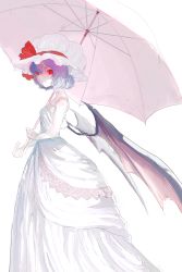 Rule 34 | 1girl, absurdres, alternate costume, bare shoulders, bat wings, dress, female focus, gown, highres, lace, light purple hair, motsuni (artist), pale skin, red eyes, remilia scarlet, short hair, simple background, smile, solo, strapless, strapless dress, touhou, umbrella, white background, white dress, white theme, wings