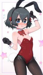Rule 34 | 1girl, animal ears, arm up, bare shoulders, black gloves, black hair, black hairband, black pantyhose, blue eyes, blush, bow, bowtie, breasts, commentary, covered navel, detached collar, fake animal ears, gloves, hair between eyes, hairband, highres, kaban (kemono friends), kemono friends, leotard, looking at viewer, pantyhose, playboy bunny, rabbit ears, rabbit tail, ransusan, red bow, red bowtie, red leotard, short hair, simple background, small breasts, solo, star (symbol), tail, white background, wrist cuffs