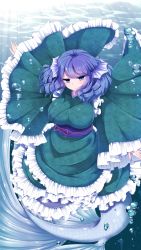 Rule 34 | 1girl, bad id, bad pixiv id, blue eyes, blue hair, breasts, drill hair, fins, frilled sleeves, frills, full body, green kimono, head fins, highres, japanese clothes, kimono, large breasts, mermaid, monster girl, obi, outstretched arms, sash, shiro oolong-cha, solo, touhou, underwater, wakasagihime, wide sleeves