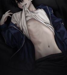 Rule 34 | 1boy, absurdres, black hair, black pants, blue jacket, clothes lift, grey eyes, highres, imai akira, jacket, lifted by self, long sleeves, looking at viewer, lying, male focus, mouth hold, nipples, on back, open clothes, open jacket, original, pants, shirt, shirt lift, solo, strangling, teeth hold, track jacket, white shirt