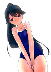 Rule 34 | 10s, 1girl, black eyes, black hair, competition school swimsuit, houshou (kancolle), isshitaira, kantai collection, long hair, looking down, one-piece swimsuit, ponytail, school swimsuit, simple background, solo, swimsuit