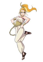 Rule 34 | 1girl, blonde hair, bracelet, breasts, chrono trigger, closed mouth, full body, green eyes, hair ornament, highres, hikari shibata, jewelry, long hair, marle (chrono trigger), ponytail, simple background, smile, solo, toeless footwear, white background
