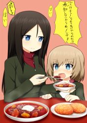Rule 34 | 10s, 2girls, blonde hair, blue eyes, blush, bowl, brown hair, fang, feeding, female focus, food, girls und panzer, hairband, holding, holding bowl, holding spoon, katyusha (girls und panzer), military, military uniform, multiple girls, nonna (girls und panzer), open mouth, pink background, plate, sitting, spoon, sudou noboru, table, tears, translation request, uniform, upper body