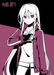 Rule 34 | 1girl, cellphone, commentary, cosplay, expressionless, flat color, holding, holding phone, jacket, kagerou project, kisaragi shintarou, kisaragi shintarou (cosplay), long hair, long sleeves, looking at viewer, numbered, phone, project sekai, purple eyes, purple jacket, purple theme, shirt, short shorts, shorts, sidelocks, smartphone, solo, very long hair, waka (wk4444), white hair, white shirt, white shorts, yoisaki kanade