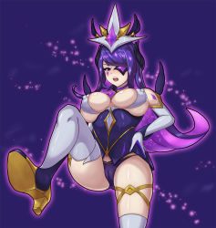 Rule 34 | alternate costume, alternate hair color, alternate hairstyle, blush, breasts, cameltoe, choker, covered erect nipples, eyepatch, forehead protector, gloves, large breasts, league of legends, minieon kiugi, nipples, panties, purple eyes, purple hair, purple panties, star guardian (league of legends), star guardian syndra, syndra, underwear, white gloves, white legwear
