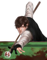 Rule 34 | anderain, ball, billiard ball, blood, blood stain, brown eyes, brown hair, cue stick, facial hair, henry townshend, highres, male focus, pool table, silent hill (series), silent hill 4: the room, solo, stubble, table