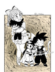 Rule 34 | 2boys, 2girls, age difference, armor, bikini armor, black eyes, black hair, bow, bulma, cape, carrying, carrying person, chi-chi (dragon ball), child, commentary, commentary request, dougi, dragon ball, dragon ball (classic), hair bow, hands on another&#039;s arms, lifting person, monkey tail, monochrome, multiple boys, multiple girls, navel, saiyan armor, senka-san, simple background, skirt, son goku, spiked hair, tail, teenage girl and younger boy, time paradox, vegeta, white hair, worried