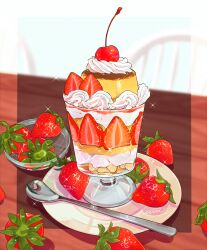 Rule 34 | chair, cherry, dessert, food, food focus, fruit, highres, miri illust, no humans, original, parfait, saucer, spoon, strawberry, table, whipped cream, wooden table