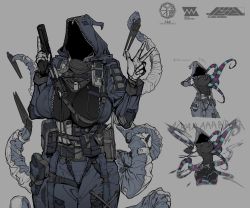 Rule 34 | 1girl, breasts, dog tags, faceless, grey background, gun, highres, holding, holding gun, holding weapon, holstered, hood, hoodie, jacket, juerucj, large breasts, logo, mechanical tail, multiple views, original, pouch, simple background, tail, tentacles, uniform, v, weapon, zipper