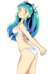 Rule 34 | 1girl, arched back, arms behind back, blue ribbon, bra, breasts, closed mouth, commentary, cone horns, cowboy shot, from side, green hair, hair ribbon, horns, interlocked fingers, komatsu (sakanae), long hair, looking at viewer, lum, medium breasts, own hands together, panties, pointy ears, ribbon, simple background, smile, solo, standing, string panties, takahashi rumiko (style), underwear, underwear only, urusei yatsura, white background, white bra, white panties, yellow eyes