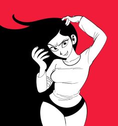 Rule 34 | 1girl, blending, breasts, collarbone, flat color, grin, jadoochicken, long hair, looking at viewer, original, panties, partially colored, red background, shirt, smile, solo, standing, underwear