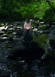 Rule 34 | 10s, 1girl, blonde hair, blue eyes, cropped jacket, dark, forest, fuyube gin (huyube), garrison cap, gloves, hands on own knees, hat, headgear, highres, kantai collection, light smile, long hair, looking at viewer, nature, official style, outdoors, ripples, river, rock, scenery, sitting, solo, u-511 (kancolle), uniform, water