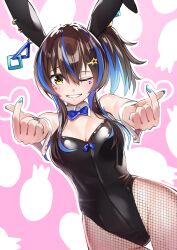 Rule 34 | 1girl, absurdres, alternate animal ears, animal ears, bare shoulders, black leotard, blue bow, blue bowtie, blue hair, blush, bow, bowtie, breasts, brown hair, cleavage, commentary request, cowboy shot, daitaku helios (umamusume), detached collar, double finger heart, finger heart, fishnet pantyhose, fishnets, groin, hcstyrus ii, highres, leotard, looking at viewer, medium breasts, multicolored hair, multicolored nails, nail polish, one eye closed, outstretched arms, pantyhose, playboy bunny, rabbit ears, reaching, reaching towards viewer, side ponytail, smile, solo, two-tone hair, umamusume, wrist cuffs, yellow eyes