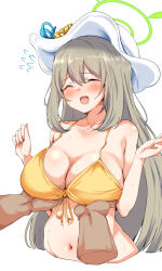 Rule 34 | 1boy, 1girl, bikini, blue archive, blush, breasts, cleavage, closed eyes, collarbone, disembodied limb, flying sweatdrops, front-tie bikini top, front-tie top, grabbing, grabbing another&#039;s breast, hair between eyes, halo, hat, hetero, highres, large breasts, light brown hair, long hair, machismo fuji, navel, nonomi (blue archive), nonomi (swimsuit) (blue archive), open mouth, solo focus, swimsuit, white headwear, yellow bikini