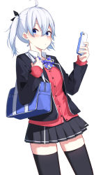 Rule 34 | 1girl, ahoge, bag, black jacket, black ribbon, black skirt, black thighhighs, blue bow, blue bowtie, blue eyes, blush, bow, bowtie, cardigan, cellphone, closed mouth, collared shirt, commentary request, copyright request, dutch angle, hair between eyes, hair ribbon, highres, holding, holding phone, ichiki 1, jacket, long sleeves, looking at viewer, miniskirt, open clothes, open jacket, phone, pleated skirt, red cardigan, ribbon, school bag, school uniform, shirt, side ponytail, silver hair, simple background, skirt, solo, thighhighs, white background, zettai ryouiki