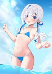 Rule 34 | 1girl, alternate costume, amane kanata, asymmetrical bangs, bikini, blue bikini, blue eyes, blue hair, blue sky, blush, cloud, cloudy sky, collarbone, commentary request, dutch angle, embarrassed, flat chest, grey hair, hair ornament, hair over one eye, hairclip, hands up, highres, hololive, jacket, long hair, looking at viewer, micro bikini, multicolored hair, navel, shadow, shimaketa, shiny skin, sidelocks, sky, solo, standing, stomach, streaked hair, swimsuit, thighs, virtual youtuber, wading, white jacket