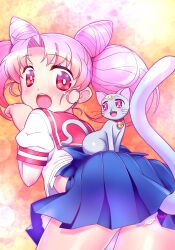 1girl ass bent_over bishoujo_senshi_sailor_moon blue_skirt cat cat_tail chibi_usa cone_hair_bun diana_(sailor_moon) double_bun earrings grey_cat hair_bun highres himehachi_(hime8manga) jewelry looking_back medium_hair miniskirt open_mouth pleated_skirt puffy_short_sleeves puffy_sleeves red_eyes red_sailor_collar sailor_collar school_uniform serafuku shirt short_sleeves skirt tail tail_raised teeth twintails upper_teeth_only white_shirt