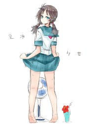 Rule 34 | 1girl, bare legs, barefoot, blue eyes, brown hair, drink, drinking straw, electric fan, fanning crotch, fanning self, flower, from behind, hibiscus, legs, long hair, looking back, nabeshima tetsuhiro, original, school uniform, serafuku, short sleeves, sketch, skirt, skirt hold, solo, standing, sweat, tiptoes, twintails, white background