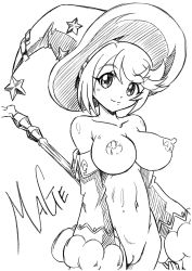 Rule 34 | 10s, 1girl, arukime, bikini warriors, breasts, character name, cleft of venus, cowboy shot, detached sleeves, hat, highres, large breasts, looking at viewer, mage (bikini warriors), monochrome, nipples, nude, perky breasts, puffy areolae, puffy nipples, pussy, short hair, smile, solo, staff, standing, star (symbol), tagme, uncensored, witch hat