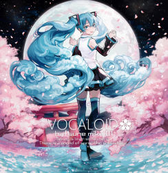 Rule 34 | 1girl, :d, black skirt, black sleeves, black thighhighs, blue eyes, blue hair, character name, cherry blossoms, cherry tree, cloud hair, copyright name, detached sleeves, floating hair, from behind, full body, full moon, hair between eyes, hatsune miku, highres, long hair, long sleeves, looking at viewer, looking back, makoto (roketto-massyumaro), miniskirt, moon, open mouth, outdoors, pleated skirt, shirt, skirt, sleeveless, sleeveless shirt, smile, solo, thighhighs, torii, very long hair, vocaloid, white shirt, zettai ryouiki
