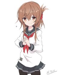 Rule 34 | 1girl, anchor symbol, black pantyhose, black sailor collar, black skirt, brown eyes, brown hair, commentary request, core (mayomayo), cowboy shot, dated, folded ponytail, highres, inazuma (kancolle), kantai collection, long hair, looking at viewer, neckerchief, own hands clasped, own hands together, pantyhose, pleated skirt, red neckerchief, sailor collar, school uniform, serafuku, simple background, skirt, smile, solo, white background