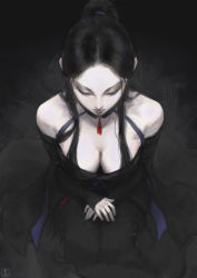 Rule 34 | 1girl, bare shoulders, black hair, breasts, cleavage, commentary, english commentary, closed eyes, from above, highres, large breasts, lips, long hair, nat the lich, original, pale skin, ponytail, signature, sketch, solo