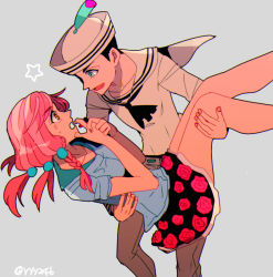 Rule 34 | 1boy, 1girl, blouse, blue eyes, braid, carrying, cowboy shot, dixie cup hat, flower, grey background, hair bobbles, hair ornament, hat, higashikata josuke (jojolion), hirose yasuho, jojo no kimyou na bouken, jojolion, looking at another, military hat, open mouth, own hands together, pants, pink hair, princess carry, sailor, sailor collar, shirt, short hair, side braid, simple background, skirt, surprised, sweatdrop, twitter username, yellow eyes, yyy246