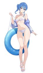 Rule 34 | 1girl, absurdres, armpit crease, bare legs, bare shoulders, bikini, blue eyes, blue hair, blue jacket, blue nails, blush, breasts, closed mouth, collarbone, commentary request, fawny, full body, gluteal fold, hair between eyes, head tilt, highres, holding, holding swim ring, hololive, hoshimachi suisei, innertube, jacket, legs, light smile, medium breasts, nail polish, navel, o-ring, o-ring bikini, o-ring top, off shoulder, open clothes, open jacket, sandals, side ponytail, sidelocks, simple background, solo, standing, star (symbol), star in eye, stomach, swim ring, swimsuit, symbol in eye, toenail polish, toenails, toes, virtual youtuber, white background, white bikini, white footwear