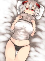 Rule 34 | 1girl, black panties, blush, book, breasts, breasts apart, closed mouth, eyebrows, frown, gluteal fold, groin, hair between eyes, holding, holding book, horns, lying, medium breasts, navel, on back, original, panties, pillow, red eyes, redrose214, shirt, solo, thigh gap, underwear, white hair, white shirt