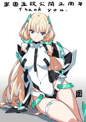 Rule 34 | 1girl, angela balzac, bare shoulders, blonde hair, blue eyes, breasts, commentary request, deva battle suit, elbow gloves, gloves, headgear, large breasts, leotard, long hair, looking at viewer, low twintails, rakuen tsuihou, saitou masatsugu, solo, twintails, very long hair