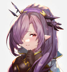 Rule 34 | 1girl, absurdres, armor, arms up, black gloves, breasts, cape, close-up, closed mouth, embarrassed, gloves, granblue fantasy, hair ornament, hair stick, harvin, highres, light blush, long hair, looking at viewer, niyon (granblue fantasy), one eye covered, pointy ears, ponytail, purple hair, red eyes, samemogumogu, small breasts, white cape