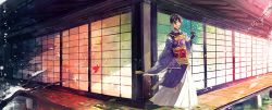 Rule 34 | 10s, 1boy, architecture, autumn leaves, bad id, bad pixiv id, black gloves, black hair, blue eyes, cherry blossoms, east asian architecture, gloves, japanese clothes, leaf, long sleeves, male focus, mikazuki munechika, naga-no, outdoors, perspective, seasons, shouji, sliding doors, smile, snow, solo, standing, sunlight, tassel, touken ranbu, branch, veranda, wide sleeves