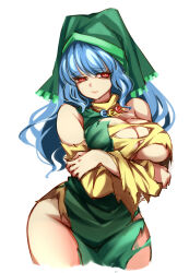 Rule 34 | 1girl, apron, bare shoulders, blue hair, breast hold, breasts, cleavage, closed mouth, commentary, cowboy shot, crossed arms, curvy, dress, green apron, green headwear, groin, haniyasushin keiki, head scarf, highres, jewelry, large breasts, light frown, long hair, magatama, magatama necklace, necklace, no bra, no panties, raptor7, red eyes, simple background, single strap, solo, standing, symbol-only commentary, torn clothes, torn dress, touhou, white background, wide hips, yellow dress