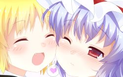 Rule 34 | 2girls, aa-rance, bad id, bad pixiv id, blonde hair, blush, cheek-to-cheek, close-up, closed eyes, fang, hat, heads together, heart, light purple hair, mob cap, multiple girls, one eye closed, open mouth, red eyes, remilia scarlet, rumia, short hair, smile, speech bubble, spoken heart, touhou, wavy mouth