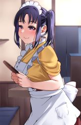 Rule 34 | 1girl, apron, blurry, blurry background, blush, breasts, closed mouth, cowboy shot, depth of field, from side, highres, holding, holding tray, igarashi kyouhei, kazuno sarah, large breasts, leaning forward, looking at viewer, looking to the side, love live!, love live! sunshine!!, maid, maid apron, maid headdress, medium breasts, pink eyes, puffy short sleeves, puffy sleeves, purple hair, red skirt, shirt, short sleeves, skirt, smile, solo, standing, tray, twintails, white apron, yellow shirt