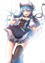 Rule 34 | 1girl, ankle boots, artist name, asymmetrical legwear, backlighting, bad id, bad pixiv id, beret, black thighhighs, blue eyes, blue hair, blush, boots, breasts, cross-laced clothes, floating hair, frilled skirt, frills, gloves, hair between eyes, hands up, hat, highres, lee-chan (saraki), lee (saraki), long hair, long legs, looking at viewer, mismatched legwear, open mouth, original, panties, puffy short sleeves, puffy sleeves, saraki, short sleeves, side-tie panties, signature, single thighhigh, skirt, small breasts, smile, solo, teeth, thigh gap, thighhighs, thighs, underwear, uneven legwear, white background, white gloves