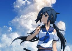 Rule 34 | 1girl, black hair, blue eyes, blue neckerchief, blue sky, closed mouth, cloud, cloudy sky, day, eyepatch, food, holding, holding food, izumi sai, long hair, looking to the side, low twintails, neckerchief, original, outdoors, popsicle, school uniform, serafuku, short sleeves, sky, solo, twintails, upper body
