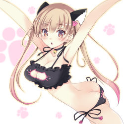 Rule 34 | 1girl, :o, animal ears, animal hands, armpits, arms up, ass, ass cutout, bare back, bell, black bra, black ribbon, blonde hair, blush, bra, breasts, butt crack, cat cutout, cat ear panties, cat ears, cat lingerie, choker, cleavage, cleavage cutout, clothing cutout, collarbone, dutch angle, frill trim, frilled bra, frills, highres, jingle bell, large breasts, long hair, meme attire, open mouth, orange eyes, original, outstretched arms, panties, paw hair ornament, pom pom (clothes), ribbon, side-tie panties, simple background, solo, standing, tareme, twintails, underwear, very long hair, white background, yoshiwo