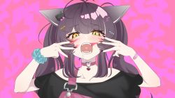 Rule 34 | 1girl, animal (vocaloid), animal ears, bandaid, bandaid on arm, black shirt, brown eyes, choker, collarbone, commission, fangs, highres, indie virtual youtuber, long hair, matoi miia, off shoulder, open mouth, pink background, pink choker, saliva, scrunchie, shirt, solo, twintails, virtual youtuber, vocaloid, yukiko aria