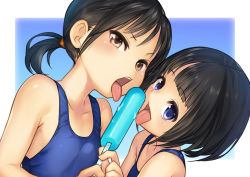 Rule 34 | 2girls, absurdres, black hair, blue eyes, blush, brown eyes, eating, food, highres, ice cream, km (nijie104352), looking at viewer, multiple girls, one-piece swimsuit, open mouth, original, ponytail, popsicle, school swimsuit, sexually suggestive, short hair, smile, swimsuit, tongue, tongue out