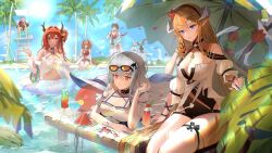 Rule 34 | 2boys, 5girls, absurdres, angelina (arknights), angelina (summer flower) (arknights), animal ears, arknights, bare shoulders, beach chair, beach umbrella, bear ears, beeswax (arknights), beeswax (holiday) (arknights), bikini, black choker, black dress, black eyes, black hairband, black ribbon, blonde hair, blue eyes, blue nails, blue shorts, blurry, blurry background, box, breasts, brown hair, burnt clothes, carnelian (arknights), carnelian (shimmering dew) (arknights), casual one-piece swimsuit, cherry, choker, cleavage, closed eyes, closed mouth, clothing cutout, cloud, cloudy sky, cocktail glass, collarbone, criss-cross halter, cup, dark skin, demon girl, demon horns, detached sleeves, dragon girl, dragon horns, dress, drinking glass, eating, eyewear on head, fingernails, fish, flagpole, flower, food, fox ears, fruit, goat girl, goat horns, grey hair, hair rings, hairband, halterneck, hammock, hand in own hair, hat, highres, holding, holding box, holding own hair, hoop, horns, ice cream, in water, inflatable orca, inflatable toy, jaye (arknights), jaye (beach guard) (arknights), jewelry, leaf, lemon, lemon slice, lifebuoy, lifeguard, lifeguard chair, long hair, long sleeves, looking at viewer, low-tied long hair, lying, medium breasts, multiple boys, multiple bracelets, multiple girls, navel, navel cutout, necklace, no headwear, off-shoulder shirt, off shoulder, official alternate costume, on stomach, one-piece swimsuit, orange-tinted eyewear, orca hair ornament, outdoors, palm leaf, palm tree, phonograph, pointy ears, purple eyes, red dress, red eyes, red flower, red hair, red hairband, red one-piece swimsuit, red shirt, ribbon, saileach (arknights), saileach (summer flowers) (arknights), shirt, short shorts, short sleeves, shorts, side-tie bikini bottom, simple background, sitting, skadi (arknights), skadi (waverider) (arknights), sky, stainless (arknights), stainless (beach guard) (arknights), standing, star (symbol), strawberry, stuffed orca, sun hat, sunglasses, sunlight, surtr (arknights), surtr (colorful wonderland) (arknights), swim ring, swimsuit, thigh strap, thighhighs, thighs, tinted eyewear, tree, twintails, ufoliving, umbrella, very long hair, visor cap, water, watermelon, watermelon slice, white dress, white hair, white headwear, white thighhighs