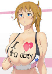 Rule 34 | 10s, 1girl, ao madoushi, bare shoulders, blonde hair, blue eyes, blush, breasts, bursting breasts, cleavage, empty eyes, gundam, gundam build fighters, gundam build fighters try, hoshino fumina, huge breasts, long hair, mind control, parted lips, ponytail, solo, third-party edit, upper body