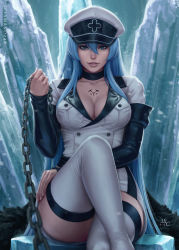 Rule 34 | 1girl, 2018, akame ga kill!, artist name, black choker, blouse, blue eyes, blue hair, blurry, boots, breasts, buttons, chain, chest tattoo, choker, cleavage, collarbone, commentary, cross, crossed legs, depth of field, double-breasted, english commentary, esdeath, femdom, fingernails, hair between eyes, hand on own thigh, hat, highres, holding, ice, leash, lips, long hair, long sleeves, looking at viewer, medium breasts, military, military uniform, nose, parted lips, peaked cap, pov, realistic, sciamano240, shirt, sidelocks, signature, sitting, sleeves past wrists, smile, solo, tattoo, thigh boots, thighhighs, thighs, uniform, very long hair, white footwear, white hat, white shirt
