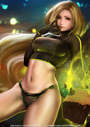 Rule 34 | 1girl, bad id, bad pixiv id, black gloves, black panties, blonde hair, blurry, blurry background, breasts, brown eyes, dc comics, dutch angle, electricity, gloves, hand to own mouth, large breasts, lips, long hair, looking at viewer, midriff, navel, nefrubi, night, no pants, panties, patreon username, shirt, smile, terra (dc), tight clothes, tight shirt, underwear, watermark, web address