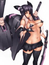 Rule 34 | 10s, 1girl, adapted costume, bikini, bikini top only, black hair, black thighhighs, breasts, checkered bikini, checkered clothes, covered erect nipples, eyepatch, fingerless gloves, fumio (rsqkr), gloves, kantai collection, large breasts, looking at viewer, micro bikini, micro bikini top, navel, short hair, simple background, solo, strap gap, string bikini, swimsuit, tenryuu (kancolle), thighhighs, white background, yellow eyes