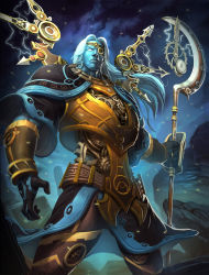 Rule 34 | 1boy, armor, blue skin, brolo, chronos (smite), cloud, cloudy sky, colored skin, electricity, eyepatch, gears, gloves, highres, long hair, male focus, official art, rock, sky, smite, solo, staff, teeth, upper body, white eyes, white hair