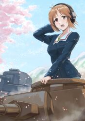 Rule 34 | 1girl, absurdres, arm up, blue jacket, blue sky, brown eyes, brown hair, cherry blossoms, commentary, day, frown, girls und panzer, green shirt, hand on headphones, headphones, highres, jacket, long sleeves, looking to the side, military uniform, military vehicle, motor vehicle, nishizumi miho, ooarai military uniform, open mouth, outdoors, panzer iv, panzer iv, pencil pusher, shirt, short hair, sky, solo, tank, tree, uniform, wind